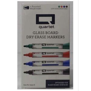 Quartet Glass Board Dry-Erase Markers, Bullet Tip. 4 Colors Black/Blue/Red/Green
